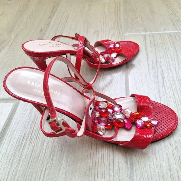 Kate Spade Red Idalou Parrot Sparkly Gem Ankle Strap Heels - Size 9 - Picture 6 of 13
